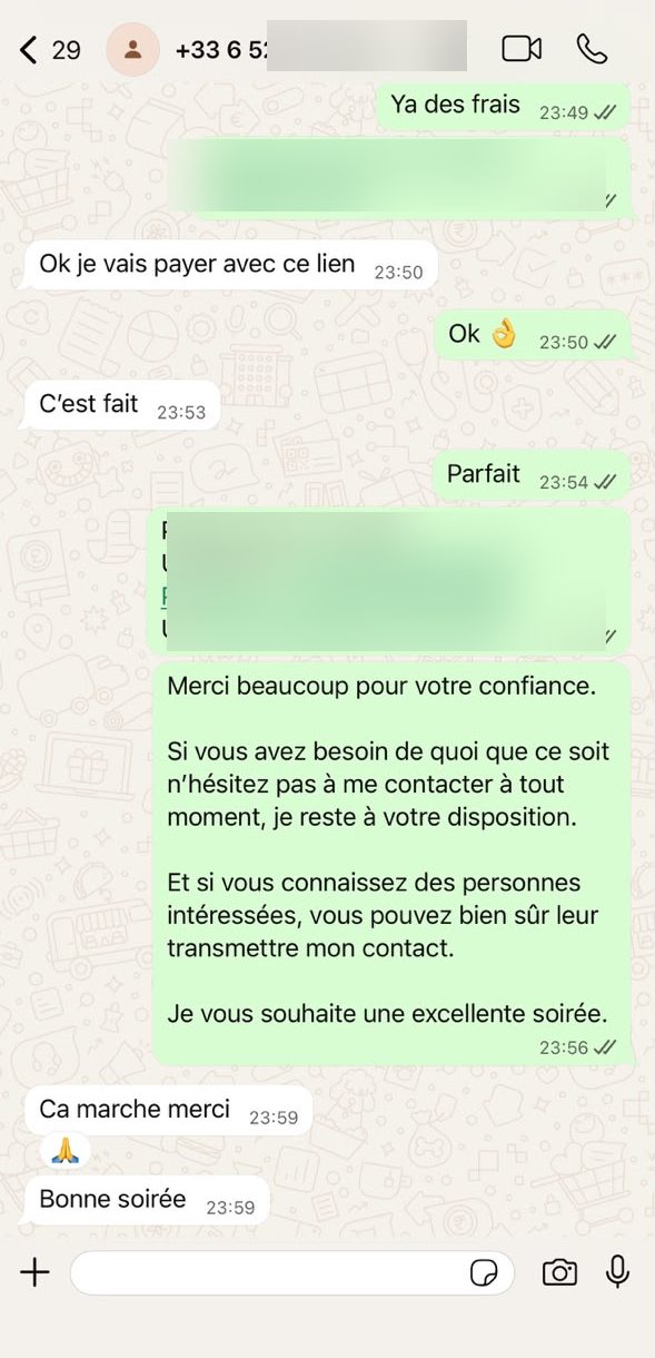 Conversation WhatsApp client — 🇫🇷 France · Prosat SumUp